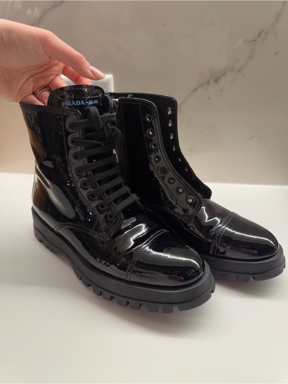 Prada Black Patent Leather Lace-Up Combat Boots